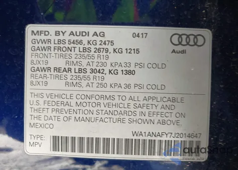 2018 Audi Q5 2.0T Premium/2.0T Tech Premium из США, поврежденный, VIN WA1ANAFY7J2014647